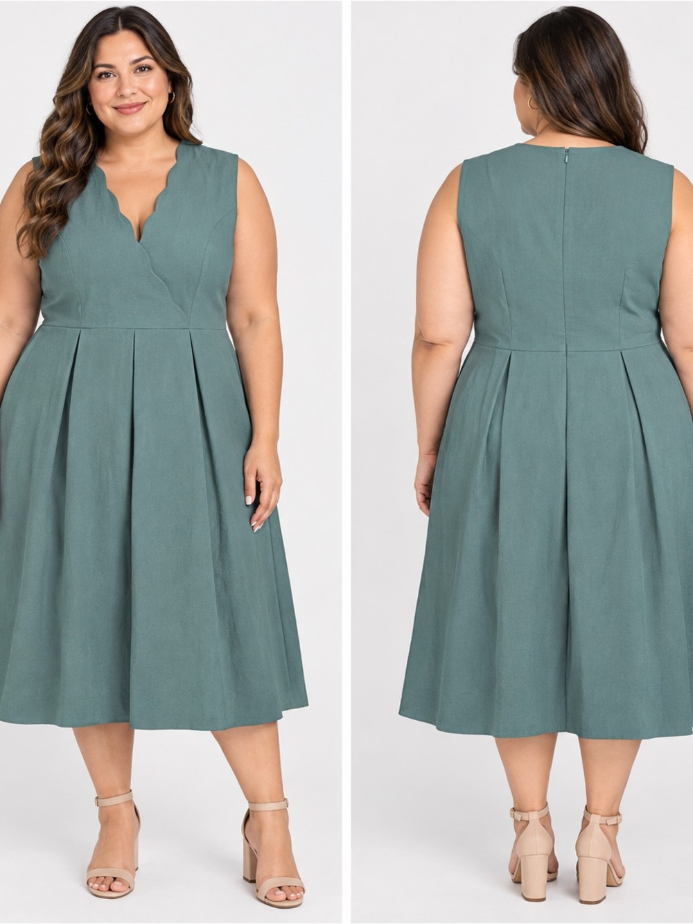 H&M Sleeveless Scalloped V‑Neck Fit & Flare Dress in Dusty Teal